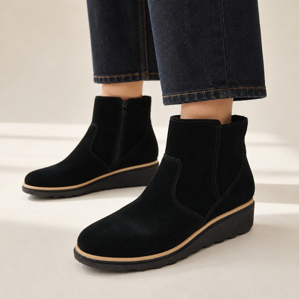 Clarks Collection Black Suede Wedge Ankle Boots Booties 8 Wide 261490195055